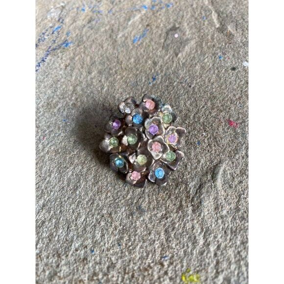 Vintage Brooch Pin Pewter Floral Rhinestone Easter Pink 1 Inch Green Blue - Picture 3 of 6